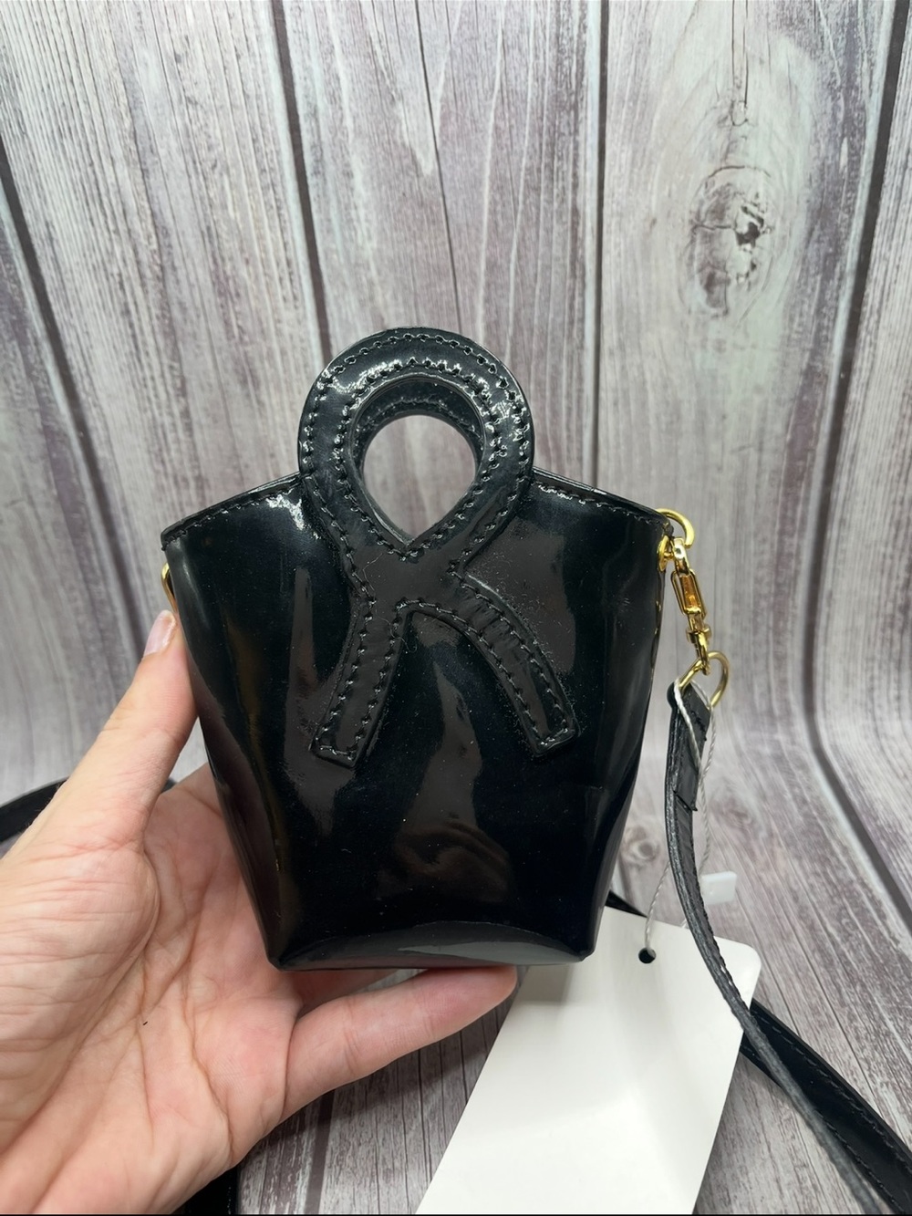$248 NWT Roberta di Camerino Black Patent Glossy Mini Bucket Bag Micro Crossbody - Picture 15 of 16